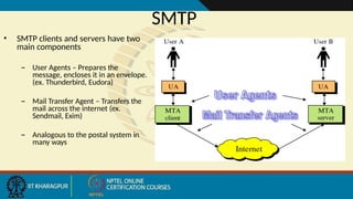 SMTP
• SMTP clients and servers have two
main components
– User Agents – Prepares the
message, encloses it in an envelope.
(ex. Thunderbird, Eudora)
– Mail Transfer Agent – Transfers the
mail across the internet (ex.
Sendmail, Exim)
– Analogous to the postal system in
many ways
 