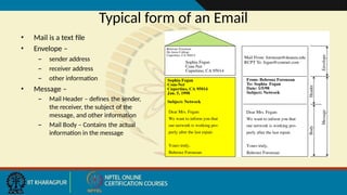 Typical form of an Email
• Mail is a text file
• Envelope –
– sender address
– receiver address
– other information
• Message –
– Mail Header – defines the sender,
the receiver, the subject of the
message, and other information
– Mail Body – Contains the actual
information in the message
 