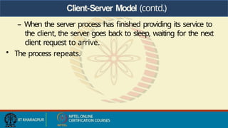 Client-Server Model (contd.)
– When the server process has finished providing its service to
the client, the server goes back to sleep, waiting for the next
client request to arrive.
• The process repeats.
 