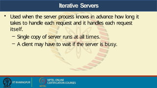 Iterative Servers
• Used when the server process knows in advance how long it
takes to handle each request and it handles each request
itself.
– Single copy of server runs at all times.
– A client may have to wait if the server is busy.
 