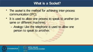 What is a Socket?
• The socket is the method for achieving inter-process
communication (IPC).
• It is used to allow one process to speak to another (on
same or different machine).
– Analogy: Like the telephone is used to allow one
person to speak to another.
 