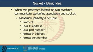 Socket - Basic Idea
• When two processes located on two machines
communicate, we define association and socket.
– Association: basically a 5-tuple
• Protocol
• Local IP address
• Local port number
• Remote IP address
• Remote port number
 