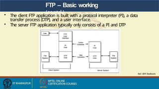 FTP – Basic working
(contd.)
• The client FTP application is built with a protocol interpreter (PI), a data
transfer process (DTP), and a user interface.
• The server FTP application typically only consists of a PI and DTP
Ref: IBM Redbools
 