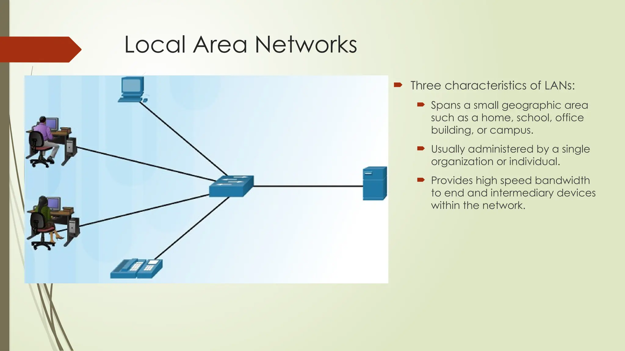 Local Area Networks
 Three characteristics of LANs:
 Spans a small geographic area
such as a home, school, office
building, or campus.
 Usually administered by a single
organization or individual.
 Provides high speed bandwidth
to end and intermediary devices
within the network.
 