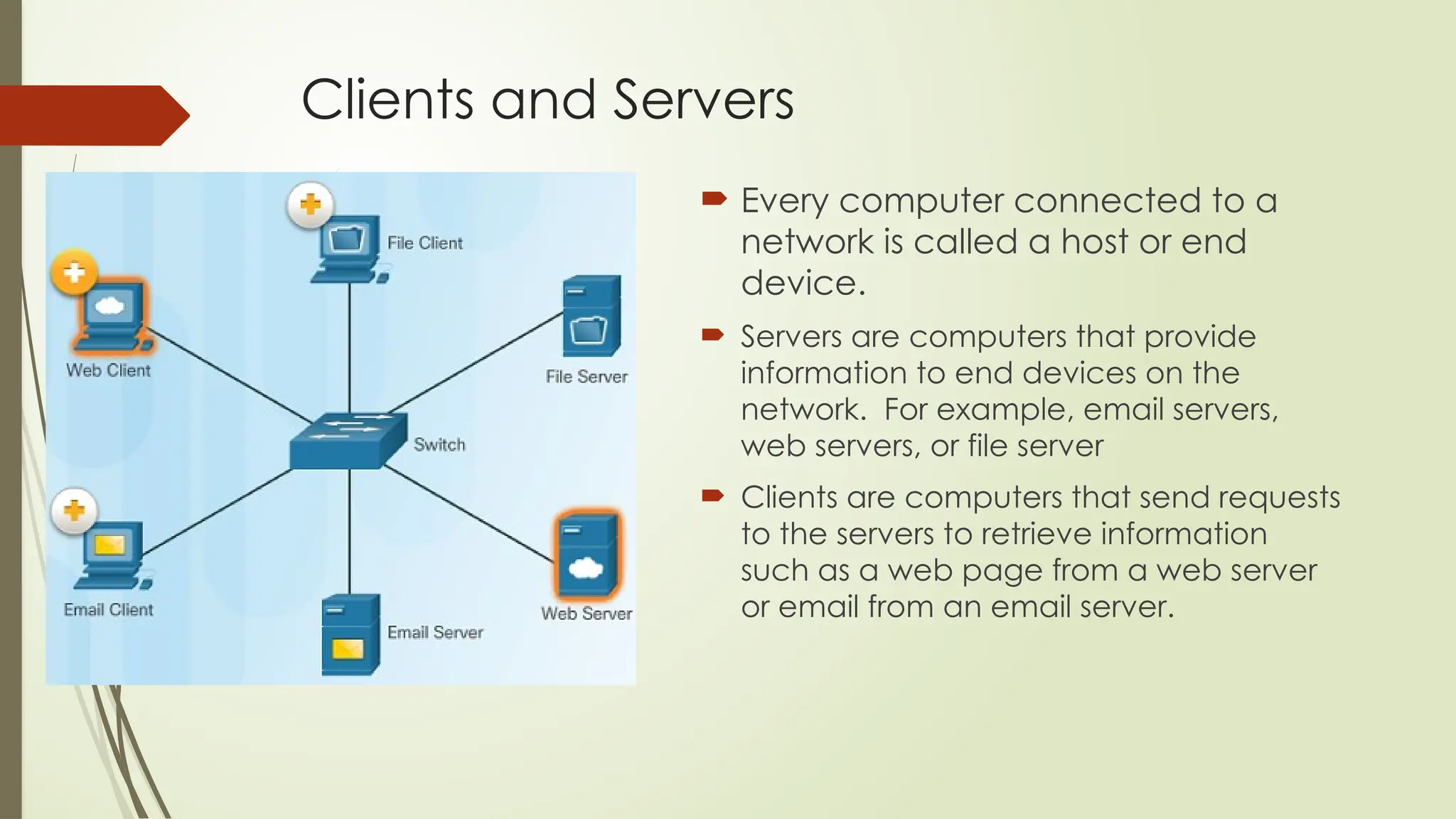 Clients and Servers
 Every computer connected to a
network is called a host or end
device.
 Servers are computers that provide
information to end devices on the
network. For example, email servers,
web servers, or file server
 Clients are computers that send requests
to the servers to retrieve information
such as a web page from a web server
or email from an email server.
 