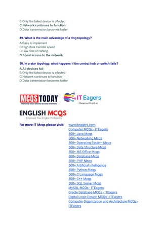 B.Only the failed device is affected
C.Network continues to function
D.Data transmission becomes faster
49. What is the main advantage of a ring topology?
A.Easy to implement
B.High data transfer speed
C.Low cost of cabling
D.Equal access to the network
50. In a star topology, what happens if the central hub or switch fails?
A.All devices fail
B.Only the failed device is affected
C.Network continues to function
D.Data transmission becomes faster
For more IT Mcqs please visit: www.iteagers.com
Computer MCQs - ITEagers
500+ Java Mcqs
500+ Networking Mcqs
500+ Operating System Mcqs
500+ Data Structure Mcqs
500+ MS Office Mcqs
500+ Database Mcqs
500+ PHP Mcqs
500+ Artificial Intelligence
500+ Python Mcqs
500+ C Language Mcqs
500+ C++ Mcqs
500+ SQL Server Mcqs
MySQL MCQs - ITEagers
Oracle Database MCQs - ITEagers
Digital Logic Design MCQs - ITEagers
Computer Organization and Architecture MCQs -
ITEagers
 