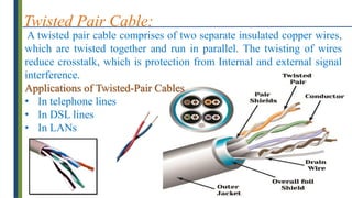 Twisted Pair Cable:
A twisted pair cable comprises of two separate insulated copper wires,
which are twisted together and run in parallel. The twisting of wires
reduce crosstalk, which is protection from Internal and external signal
interference.
Applications of Twisted-Pair Cables
• In telephone lines
• In DSL lines
• In LANs
 
