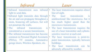 Infrared
• Infrared transmission uses infrared
light to send data.
• Infrared light transmits data through
the air and can propagate throughout a
room, bouncing off surfaces, but will
not penetrate the walls.
• The infrared transmission is
considered as a secure transmission.
• The infrared transmission has become
common in Personal Digital Assistants
(PDAs), TV remotes, Automotive
garage doors, Wireless Speakers, etc.
• The laser transmission requires direct
line-of-sight.
• The laser transmission is
unidirectional like microwave, but it
has much higher speed than the
microwave transmission.
• The laser transmission requires the
use of a laser transmitter and a photo-
sensitive receiver at each end.
• The laser transmission is point-to-
point transmission, typically between
buildings.
• The laser transmission can be
adversely affected by weather.
Laser
 