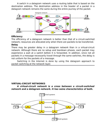 A switch in a datagram network uses a routing table that is based on the
destination address. The destination address in the header of a packet in a
datagram network remains the same during the entire journey of the packet.
Efficiency
The efficiency of a datagram network is better than that of a circuit-switched
network; resources are allocated only when there are packets to be transferred.
Delay
There may be greater delay in a datagram network than in a virtual-circuit
network. Although there are no setup and teardown phases, each packet may
experience a wait at a switch before it is forwarded. In addition, since not all
packets in a message necessarily travel through the same switches, the delay is
not uniform for the packets of a message.
Switching in the Internet is done by using the datagram approach to
packet switching at the network layer.
VIRTUAL-CIRCUIT NETWORKS
A virtual-circuit network is a cross between a circuit-switched
network and a datagram network. It has some characteristics of both.
 