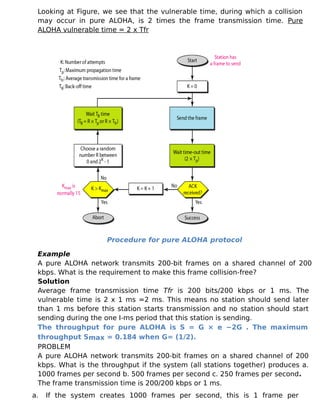 Looking at Figure, we see that the vulnerable time, during which a collision
may occur in pure ALOHA, is 2 times the frame transmission time. Pure
ALOHA vulnerable time = 2 x Tfr
Procedure for pure ALOHA protocol
Example
A pure ALOHA network transmits 200-bit frames on a shared channel of 200
kbps. What is the requirement to make this frame collision-free?
Solution
Average frame transmission time Tfr is 200 bits/200 kbps or 1 ms. The
vulnerable time is 2 x 1 ms =2 ms. This means no station should send later
than 1 ms before this station starts transmission and no station should start
sending during the one I-ms period that this station is sending.
The throughput for pure ALOHA is S = G × e −2G . The maximum
throughput Smax = 0.184 when G= (1/2).
PROBLEM
A pure ALOHA network transmits 200-bit frames on a shared channel of 200
kbps. What is the throughput if the system (all stations together) produces a.
1000 frames per second b. 500 frames per second c. 250 frames per second.
The frame transmission time is 200/200 kbps or 1 ms.
a. If the system creates 1000 frames per second, this is 1 frame per
 