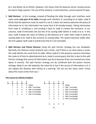 be 1 and define 16 as infinity. However, this means that the distance vector routing cannot
be used in large systems. The size of the network, in each direction, cannot exceed 15 hops.
2. Split Horizon: In this strategy, instead of flooding the table through each interface, each
node sends only part of its table through each interface. If, according to its table, node B
thinks that the optimum route to reach X is via A, it does not need to advertise this piece of
information to A; the information has come from A (A already knows). Taking information
from node A, modifying it, and sending it back to node A creates the confusion. In our
scenario, node B eliminates the last line of its routing table before it sends it to A. In this
case, node A keeps the value of infinity as the distance to X. Later when node A sends its
routing table to B, node B also corrects its routing table. The system becomes stable after
the first update: both node A and B know that X is not reachable.
3. Split Horizon and Poison Reverse Using the split horizon strategy has one drawback.
Normally, the distance vector protocol uses a timer, and if there is no news about a route,
the node deletes the route from its table. When node B in the previous scenario eliminates
the route to X from its advertisement to A, node A cannot guess that this is due to the split
horizon strategy (the source of information was A) or because B has not received any news
about X recently. The split horizon strategy can be combined with the poison reverse
strategy. Node B can still advertise the value for X, but if the source of information is A, it
can replace the distance with infinity as a warning: "Do not use this value; what I know
about this route comes from you."
The Count-to-Infinity Problem
 