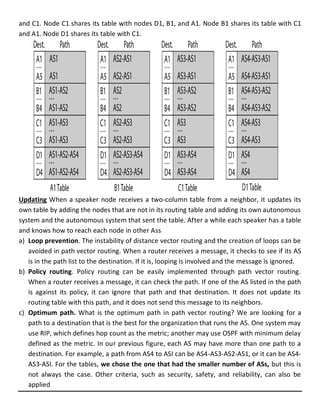 and C1. Node C1 shares its table with nodes D1, B1, and A1. Node B1 shares its table with C1
and A1. Node D1 shares its table with C1.
Updating When a speaker node receives a two-column table from a neighbor, it updates its
own table by adding the nodes that are not in its routing table and adding its own autonomous
system and the autonomous system that sent the table. After a while each speaker has a table
and knows how to reach each node in other Ass
a) Loop prevention. The instability of distance vector routing and the creation of loops can be
avoided in path vector routing. When a router receives a message, it checks to see if its AS
is in the path list to the destination. If it is, looping is involved and the message is ignored.
b) Policy routing. Policy routing can be easily implemented through path vector routing.
When a router receives a message, it can check the path. If one of the AS listed in the path
is against its policy, it can ignore that path and that destination. It does not update its
routing table with this path, and it does not send this message to its neighbors.
c) Optimum path. What is the optimum path in path vector routing? We are looking for a
path to a destination that is the best for the organization that runs the AS. One system may
use RIP, which defines hop count as the metric; another may use OSPF with minimum delay
defined as the metric. In our previous figure, each AS may have more than one path to a
destination. For example, a path from AS4 to ASI can be AS4-AS3-AS2-AS1, or it can be AS4-
AS3-ASI. For the tables, we chose the one that had the smaller number of ASs, but this is
not always the case. Other criteria, such as security, safety, and reliability, can also be
applied
 