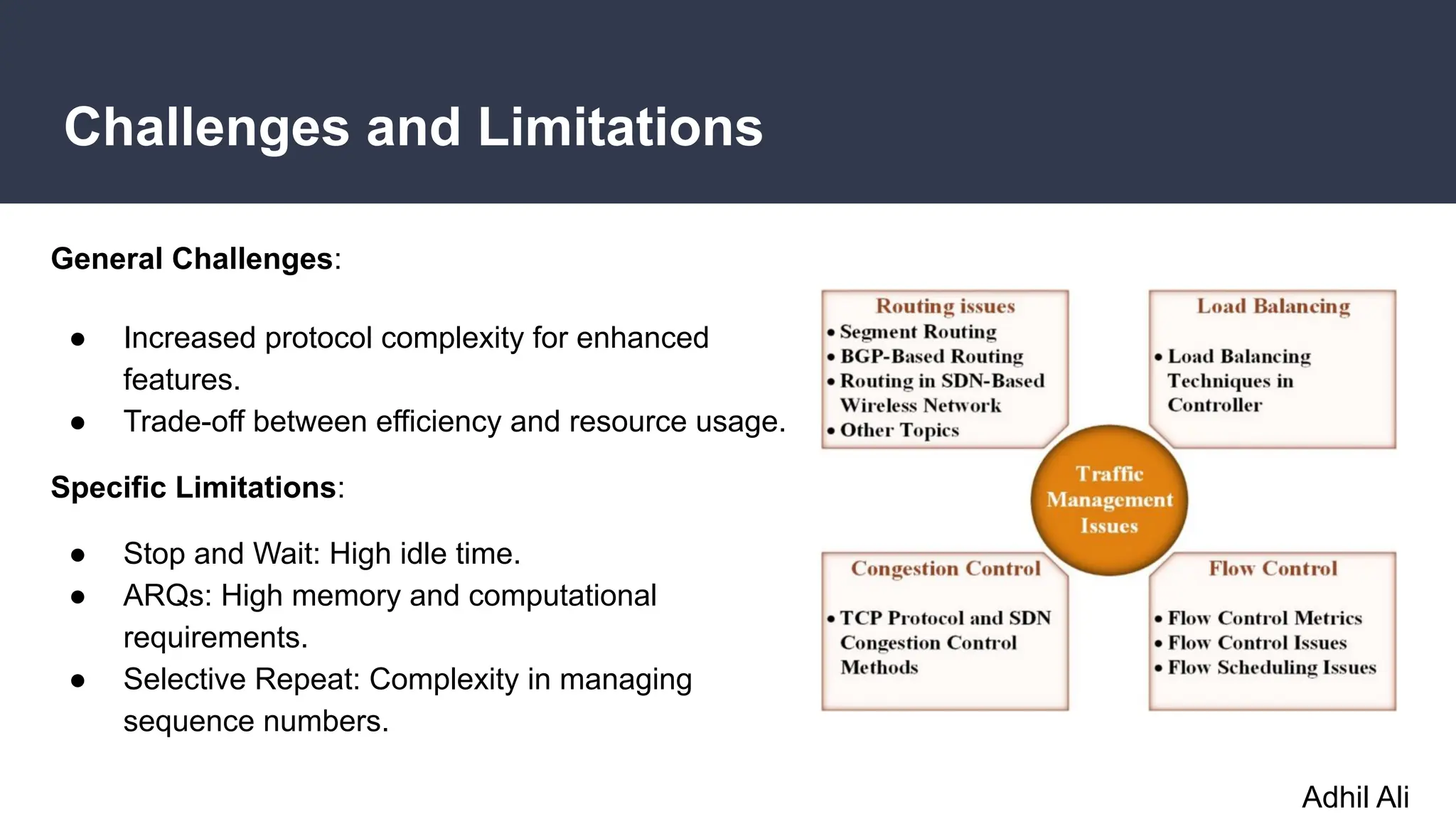 Challenges and Limitations
General Challenges:
● Increased protocol complexity for enhanced
features.
● Trade-off between efficiency and resource usage.
Specific Limitations:
● Stop and Wait: High idle time.
● ARQs: High memory and computational
requirements.
● Selective Repeat: Complexity in managing
sequence numbers.
Adhil Ali
 