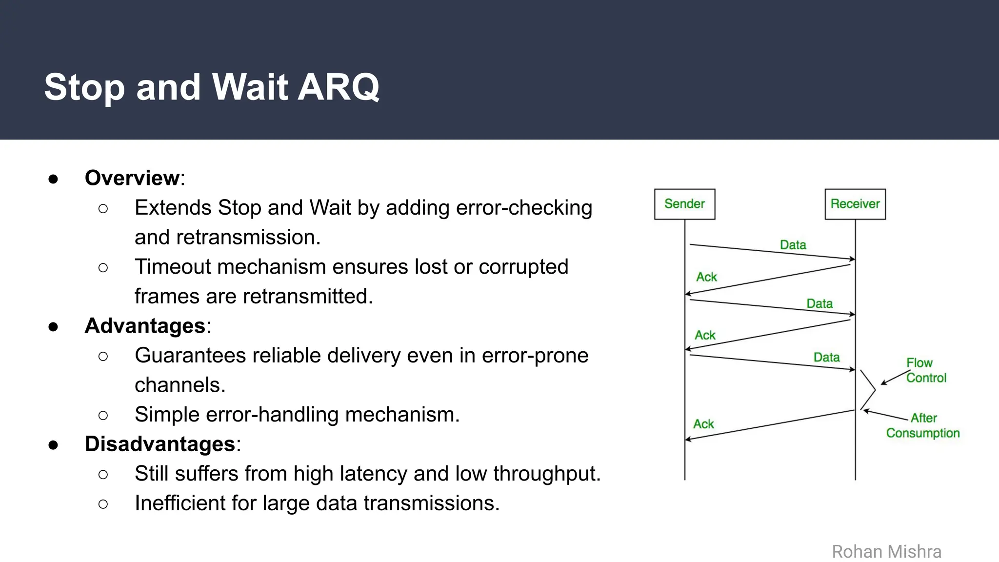 Stop and Wait ARQ
● Overview:
○ Extends Stop and Wait by adding error-checking
and retransmission.
○ Timeout mechanism ensures lost or corrupted
frames are retransmitted.
● Advantages:
○ Guarantees reliable delivery even in error-prone
channels.
○ Simple error-handling mechanism.
● Disadvantages:
○ Still suffers from high latency and low throughput.
○ Inefficient for large data transmissions.
Rohan Mishra
 