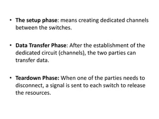 • The setup phase: means creating dedicated channels 
between the switches. 
• Data Transfer Phase: After the establishment of the 
dedicated circuit (channels), the two parties can 
transfer data. 
• Teardown Phase: When one of the parties needs to 
disconnect, a signal is sent to each switch to release 
the resources. 
 