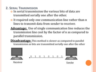 2. SERIAL TRANSMISSION
 In serial transmission the various bits of data are
transmitted serially one after the other.
 It required only one communication line rather than n
lines to transmit data from sender to receiver.
Advantage: Use of single communication line reduces the
transmission line cost by the factor of n as compared to
parallel transmission.
Disadvantage: This method is slower as compared to parallel
transmission as bits are transmitted serially one after the other
 