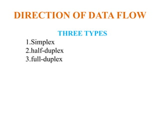 DIRECTION OF DATA FLOW
THREE TYPES
1.Simplex
2.half-duplex
3.full-duplex
 