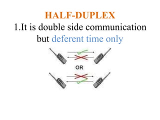 HALF-DUPLEX
1.It is double side communication
but deferent time only
 