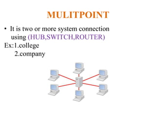 MULITPOINT
• It is two or more system connection
using (HUB,SWITCH,ROUTER)
Ex:1.college
2.company
 