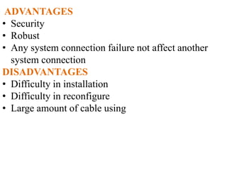 ADVANTAGES
• Security
• Robust
• Any system connection failure not affect another
system connection
DISADVANTAGES
• Difficulty in installation
• Difficulty in reconfigure
• Large amount of cable using
 