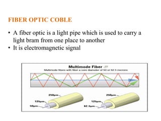 FIBER OPTIC COBLE
• A fiber optic is a light pipe which is used to carry a
light bram from one place to another
• It is electromagnetic signal
 