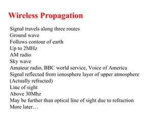 Wireless Propagation
Signal travels along three routes
Ground wave
Follows contour of earth
Up to 2MHz
AM radio
Sky wave
Amateur radio, BBC world service, Voice of America
Signal reflected from ionosphere layer of upper atmosphere
(Actually refracted)
Line of sight
Above 30Mhz
May be further than optical line of sight due to refraction
More later…
 