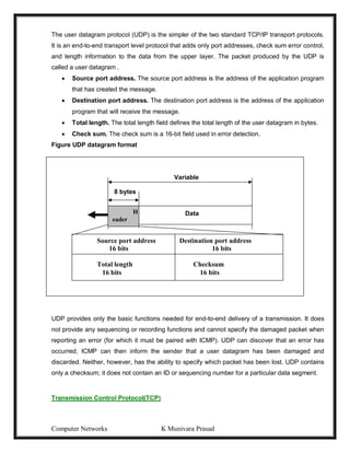 Computer Networks K Munivara Prasad
The user datagram protocol (UDP) is the simpler of the two standard TCP/IP transport protocols.
It is an end-to-end transport level protocol that adds only port addresses, check sum error control,
and length information to the data from the upper layer. The packet produced by the UDP is
called a user datagram .
 Source port address. The source port address is the address of the application program
that has created the message.
 Destination port address. The destination port address is the address of the application
program that will receive the message.
 Total length. The total length field defines the total length of the user datagram in bytes.
 Check sum. The check sum is a 16-bit field used in error detection.
Figure UDP datagram format
UDP provides only the basic functions needed for end-to-end delivery of a transmission. It does
not provide any sequencing or recording functions and cannot specify the damaged packet when
reporting an error (for which it must be paired with ICMP). UDP can discover that an error has
occurred; ICMP can then inform the sender that a user datagram has been damaged and
discarded. Neither, however, has the ability to specify which packet has been lost. UDP contains
only a checksum; it does not contain an ID or sequencing number for a particular data segment.
Transmission Control Protocol(TCP)
Variable
8 bytes
Data
Source port address Destination port address
16 bits 16 bits
Total length Checksum
16 bits 16 bits
H
eader
 