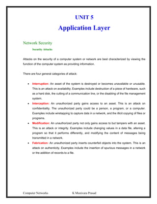 Computer Networks K Munivara Prasad
UNIT 5
Application Layer
Network Security
Security Attacks
Attacks on the security of a computer system or network are best characterized by viewing the
function of the computer system as providing information.
There are four general categories of attack:
 Interruption: An asset of the system is destroyed or becomes unavailable or unusable.
This is an attack on availability. Examples include destruction of a piece of hardware, such
as a hard disk, the cutting of a communication line, or the disabling of the file management
system.
 Interception: An unauthorized party gains access to an asset. This is an attack on
confidentiality. The unauthorized party could be a person, a program, or a computer.
Examples include wiretapping to capture data in a network, and the illicit copying of files or
programs.
 Modification: An unauthorized party not only gains access to but tampers with an asset.
This is an attack or integrity. Examples include changing values in a data file, altering a
program so that it performs differently, and modifying the content of messages being
transmitted in a network.
 Fabrication: An unauthorized party inserts counterfeit objects into the system. This is an
attack on authenticity. Examples include the insertion of spurious messages in a network
or the addition of records to a file.
 