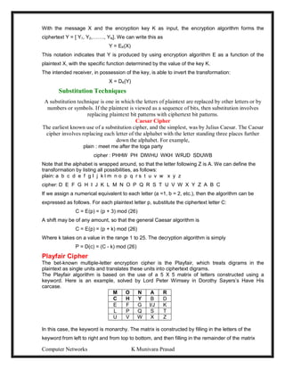 Computer Networks K Munivara Prasad
With the message X and the encryption key K as input, the encryption algorithm forms the
ciphertext Y = [ Y1, Y2,……., YN]. We can write this as
Y = EK(X)
This notation indicates that Y is produced by using encryption algorithm E as a function of the
plaintext X, with the specific function determined by the value of the key K.
The intended receiver, in possession of the key, is able to invert the transformation:
X = DK(Y)
Substitution Techniques
A substitution technique is one in which the letters of plaintext are replaced by other letters or by
numbers or symbols. If the plaintext is viewed as a sequence of bits, then substitution involves
replacing plaintext bit patterns with ciphertext bit patterns.
Caesar Cipher
The earliest known use of a substitution cipher, and the simplest, was by Julius Caesar. The Caesar
cipher involves replacing each letter of the alphabet with the letter standing three places further
down the alphabet. For example,
plain : meet me after the toga party
cipher : PHHW PH DIWHU WKH WRJD SDUWB
Note that the alphabet is wrapped around, so that the letter following Z is A. We can define the
transformation by listing all possibilities, as follows:
plain: a b c d e f g I j k l m n o p q r s t u v w x y z
cipher: D E F G H I J K L M N O P Q R S T U V W X Y Z A B C
If we assign a numerical equivalent to each letter (a =1, b = 2, etc.), then the algorithm can be
expressed as follows. For each plaintext letter p, substitute the ciphertext letter C:
C = E(p) = (p + 3) mod (26)
A shift may be of any amount, so that the general Caesar algorithm is
C = E(p) = (p + k) mod (26)
Where k takes on a value in the range 1 to 25. The decryption algorithm is simply
P = D(c) = (C - k) mod (26)
Playfair Cipher
The bet-known multiple-letter encryption cipher is the Playfair, which treats digrams in the
plaintext as single units and translates these units into ciphertext digrams.
The Playfair algorithm is based on the use of a 5 X 5 matrix of letters constructed using a
keyword. Here is an example, solved by Lord Peter Wimsey in Dorothy Sayers’s Have His
carcase.
M O N A R
C H Y B D
E F G I/J K
L P Q S T
U V W X Z
In this case, the keyword is monarchy. The matrix is constructed by filling in the letters of the
keyword from left to right and from top to bottom, and then filling in the remainder of the matrix
 