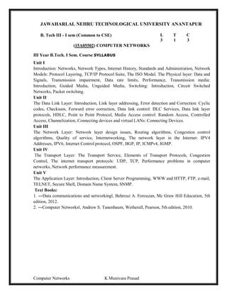 Computer Networks K Munivara Prasad
JAWAHARLAL NEHRU TECHNOLOGICAL UNIVERSITY ANANTAPUR
B. Tech III - I sem (Common to CSE)
(15A05502) COMPUTER NETWORKS
III Year B.Tech. I Sem. Course SYLLABUS
Unit I
Introduction: Networks, Network Types, Internet History, Standards and Administration, Network
Models: Protocol Layering, TCP/IP Protocol Suite, The ISO Model. The Physical layer: Data and
Signals, Transmission impairment, Data rate limits, Performance, Transmission media:
Introduction, Guided Media, Unguided Media, Switching: Introduction, Circuit Switched
Networks, Packet switching.
Unit II
The Data Link Layer: Introduction, Link layer addressing, Error detection and Correction: Cyclic
codes, Checksum, Forward error correction, Data link control: DLC Services, Data link layer
protocols, HDLC, Point to Point Protocol, Media Access control: Random Access, Controlled
Access, Channelization, Connecting devices and virtual LANs: Connecting Devices.
Unit III
The Network Layer: Network layer design issues, Routing algorithms, Congestion control
algorithms, Quality of service, Internetworking, The network layer in the Internet: IPV4
Addresses, IPV6, Internet Control protocol, OSPF, BGP, IP, ICMPv4, IGMP.
Unit IV
The Transport Layer: The Transport Service, Elements of Transport Protocols, Congestion
Control, The internet transport protocols: UDP, TCP, Performance problems in computer
networks, Network performance measurement.
Unit V
The Application Layer: Introduction, Client Server Programming, WWW and HTTP, FTP, e-mail,
TELNET, Secure Shell, Domain Name System, SNMP.
Text Books:
1. ―Data communications and networkingǁ, Behrouz A. Forouzan, Mc Graw Hill Education, 5th
edition, 2012.
2. ―Computer Networksǁ, Andrew S. Tanenbaum, Wetherall, Pearson, 5th edition, 2010.
L T C
3 1 3
 