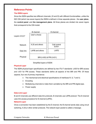 Computer Networks K Munivara Prasad
Reference Points
The ISDN Layers
Since the ISDN specifies two different channels ( B and D) with different functionalities ,unlike the
ISO OSI (which has seven layers) the ISDN is defined in three separate planes : the user plane,
the control panel ,and the management plane. All three planes are divided into seven layers
that correspond to the OSI model.
B channel D channel
Layers 4,5,6,7
Network
Data link
Physical
Simplified layers of ISDN
Physical Layer
The ISDN physical layer specifications are defined by two ITU-T standards: L430 for BRI access
and I.431 for PRI access. These standards define all aspects of the BRI and PRI. Of these
aspects, four are of primary importance:
 The mechanical and electrical specifications of interfaces R, S, T and U.
 Encoding
 Multiplexing channels to make them carriable by the BRI and PRI digital pipe.
 Power supply
Data Link Layer
B and D channels use different data link protocols. B channels use LAPB protocol. The D channel
uses link access procedure for D channel (LAPD).
Network Layer
Once a connection has been established by the D channel, the B channel sends data using circuit
switching, X.25,or other similar protocols. The network layer packet is called a message.
User’s choice
X.25 and others
LAPB and others
Call control
Q.931
LAPD
BRI (I.430) & PRI (I.431)
 