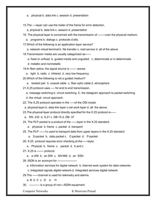 Computer Networks K Munivara Prasad
a. physical b. data link c. session d. presentation
15.The ----layer can use the trailer of the frame for error detection.
a. physical b. data link c. session d. presentation
16. The physical layer is concerned with the transmission of --------over the physical medium.
a. programs b. dialogs c. protocols d.bits.
17.Which of the following is an application layer service?
a. network virtual terminal b. file transfer c. mail service d. all of the above
18.Transmission media are usually categorized as------
a. fixed or unfixed b. guided media and unguided c. determinate or in determinate
d. metallic and nonmetallic
19.In fiber optics, the signal source is ------- waves.
a. light b. radio c. infrared d. very low frequency.
20.Which of the following is not a guided medium?
a. twisted pair b. coaxial cable c. fiber optic cable d. atmosphere
21.X.25 protocol uses ---- for end to end transmission.
a. message switching b. circuit switching. C. the datagram approach to packet switching
d. the virtual circuit approach.
22. The X.25 protocol operates in the -----of the OSI model.
a. physical layer b. data link layer c.net work layer d. all the above.
23.The physical layer protocol directly specified for the X.25 protocol is------
a. RS- 232 b. X.21 c. DB-15 d. DB- 37
24. The PLP packet is a product of the ------layer in the X.25 standard.
a. physical b. frame c. packet d. transport
25. The PLP ------1s used to transport data from upper layers in the X.25 standard
a. S-packet b. data packet c. C-packet d. P-packet
26. X.25 protocol requires error checking at the------layer.
a. Physical b. frame c. packet d. b and c
27. X.25 is ------- protocol.
a. a UNI b. an SNI c. AN NNI d. an SSN
28. ISDN is an acronym for ---------------------
a. Information services for digital network b. Internet work system for data networks
c. Integrated signals digital network d. Integrated services digital network
29.The ------channel is used for telemetry and alarms.
a. B b. C c. D d. H
30. ----------- is a group of non—ISDN equipment.
 