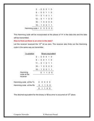 Computer Networks K Munivara Prasad
2 - 0 0 0 1 0
6 - 0 0 1 1 0
11 - 0 1 0 1 1
12 - 0 1 1 0 0
16 - 1 0 0 0 0
19 - 1 0 0 1 1
Hamming code = 0 0 0 0 0
This Hamming code will be incorporated at the places of ‘H’ in the data bits and the data
will be transmitted.
How to find out there is an error in the data?
Let the receiver received the 12th
bit as zero. The receiver also finds out the Hamming
code in the same way as transmitter.
1’s position Binary equivalent
2 - 0 0 0 1 0
6 - 0 0 1 1 0
11 - 0 1 0 1 1
16 - 1 0 0 0 0
19 - 1 0 0 1 1
0 1 1 0 0
Hamming code at the Tx 0 0 0 0 0
Hamming code at the Rx 0 1 1 0 0
0 1 1 0 0
The decimal equivalent for the binary is 12 so error is occurred at 12th
place.
Hamming
code at the
receiver
 