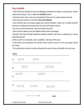 Computer Networks K Munivara Prasad
Pure ALOHA
-1970’s Norman Abramson end his colleagues devised this method, used ground –based
radio broad costing. This is called the ALOHA system.
-The basic idea, many users are competing for the use of a single shared channel.
-There are two versions of ALOHA: Pure and Slotted.
-Pure ALOHA does not require global time synchronization, where as in slotted ALOHA
the time is divided into discrete slots into which all frames must fit.
-Let users transmit whenever they have data to be sent.
-There will be collisions and all collided frames will be damaged.
-Senders will know through feedback property whether the frame is destroyed or not by
listening channel.
[-With a LAN it is immediate, with a satellite, it will take 270m sec.]
-If the frame was destroyed, the sender waits random amount of time and again sends
the frame.
-The waiting time must be random otherwise the same frame will collide over and over.
USER
A
B
C
D
TIME
 