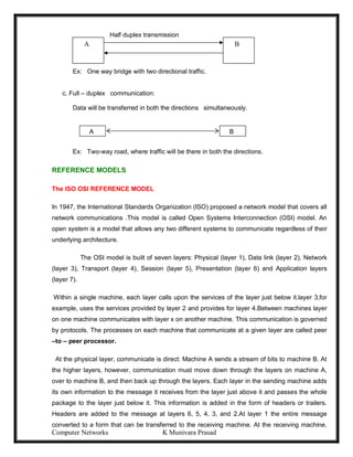 Computer Networks K Munivara Prasad
Half duplex transmission
Ex: One way bridge with two directional traffic.
c. Full – duplex communication:
Data will be transferred in both the directions simultaneously.
Ex: Two-way road, where traffic will be there in both the directions.
REFERENCE MODELS
The ISO OSI REFERENCE MODEL
In 1947, the International Standards Organization (ISO) proposed a network model that covers all
network communications .This model is called Open Systems Interconnection (OSI) model. An
open system is a model that allows any two different systems to communicate regardless of their
underlying architecture.
The OSI model is built of seven layers: Physical (layer 1), Data link (layer 2), Network
(layer 3), Transport (layer 4), Session (layer 5), Presentation (layer 6) and Application layers
(layer 7).
Within a single machine, each layer calls upon the services of the layer just below it.layer 3,for
example, uses the services provided by layer 2 and provides for layer 4.Between machines layer
on one machine communicates with layer x on another machine. This communication is governed
by protocols. The processes on each machine that communicate at a given layer are called peer
–to – peer processor.
At the physical layer, communicate is direct: Machine A sends a stream of bits to machine B. At
the higher layers, however, communication must move down through the layers on machine A,
over to machine B, and then back up through the layers. Each layer in the sending machine adds
its own information to the message it receives from the layer just above it and passes the whole
package to the layer just below it. This information is added in the form of headers or trailers.
Headers are added to the message at layers 6, 5, 4, 3, and 2.At layer 1 the entire message
converted to a form that can be transferred to the receiving machine. At the receiving machine,
A B
A B
 