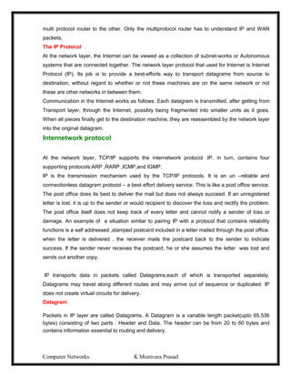 Computer Networks K Munivara Prasad
multi protocol router to the other. Only the multiprotocol router has to understand IP and WAN
packets.
The IP Protocol
At the network layer, the Internet can be viewed as a collection of subnet-works or Autonomous
systems that are connected together. The network layer protocol that used for Internet is Internet
Protocol (IP). Its job is to provide a best-efforts way to transport datagrams from source to
destination, without regard to whether or not these machines are on the same network or not
these are other networks in between them.
Communication in the Internet works as follows. Each datagram is transmitted, after getting from
Transport layer, through the Internet, possibly being fragmented into smaller units as it goes.
When all pieces finally get to the destination machine, they are reassembled by the network layer
into the original datagram.
Internetwork protocol
At the network layer, TCP/IP supports the internetwork protocol .IP, in turn, contains four
supporting protocols:ARP ,RARP ,ICMP,and IGMP.
IP is the transmission mechanism used by the TCP/IP protocols. It is an un –reliable and
connectionless datagram protocol – a best effort delivery service. This is like a post office service.
The post office does its best to deliver the mail but does not always succeed. If an unregistered
letter is lost. it is up to the sender or would recipient to discover the loss and rectify the problem.
The post office itself does not keep track of every letter and cannot notify a sender of loss or
damage. An example of a situation similar to pairing IP with a protocol that contains reliability
functions is a self addressed ,stamped postcard included in a letter mailed through the post office.
when the letter is delivered , the receiver mails the postcard back to the sender to indicate
success. If the sender never receives the postcard, he or she assumes the letter was lost and
sends out another copy.
IP transports data in packets called Datagrams,each of which is transported separately.
Datagrams may travel along different routes and may arrive out of sequence or duplicated. IP
does not create virtual circuits for delivery.
Datagram
Packets in IP layer are called Datagrams. A Datagram is a variable length packet(upto 65,536
bytes) consisting of two parts : Header and Data. The header can be from 20 to 60 bytes and
contains information essential to routing and delivery.
 