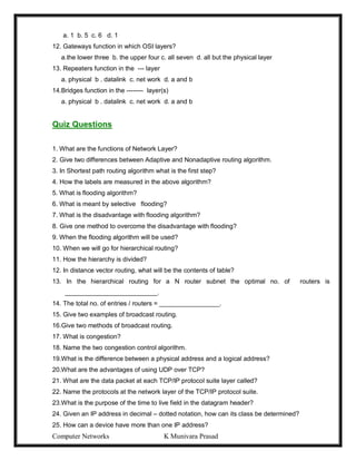 Computer Networks K Munivara Prasad
a. 1 b. 5 c. 6 d. 1
12. Gateways function in which OSI layers?
a.the lower three b. the upper four c. all seven d. all but the physical layer
13. Repeaters function in the --- layer
a. physical b . datalink c. net work d. a and b
14.Bridges function in the -------- layer(s)
a. physical b . datalink c. net work d. a and b
Quiz Questions
1. What are the functions of Network Layer?
2. Give two differences between Adaptive and Nonadaptive routing algorithm.
3. In Shortest path routing algorithm what is the first step?
4. How the labels are measured in the above algorithm?
5. What is flooding algorithm?
6. What is meant by selective flooding?
7. What is the disadvantage with flooding algorithm?
8. Give one method to overcome the disadvantage with flooding?
9. When the flooding algorithm will be used?
10. When we will go for hierarchical routing?
11. How the hierarchy is divided?
12. In distance vector routing, what will be the contents of table?
13. In the hierarchical routing for a N router subnet the optimal no. of routers is
__________________________.
14. The total no. of entries / routers = _________________.
15. Give two examples of broadcast routing.
16.Give two methods of broadcast routing.
17. What is congestion?
18. Name the two congestion control algorithm.
19.What is the difference between a physical address and a logical address?
20.What are the advantages of using UDP over TCP?
21. What are the data packet at each TCP/IP protocol suite layer called?
22. Name the protocols at the network layer of the TCP/IP protocol suite.
23.What is the purpose of the time to live field in the datagram header?
24. Given an IP address in decimal – dotted notation, how can its class be determined?
25. How can a device have more than one IP address?
 
