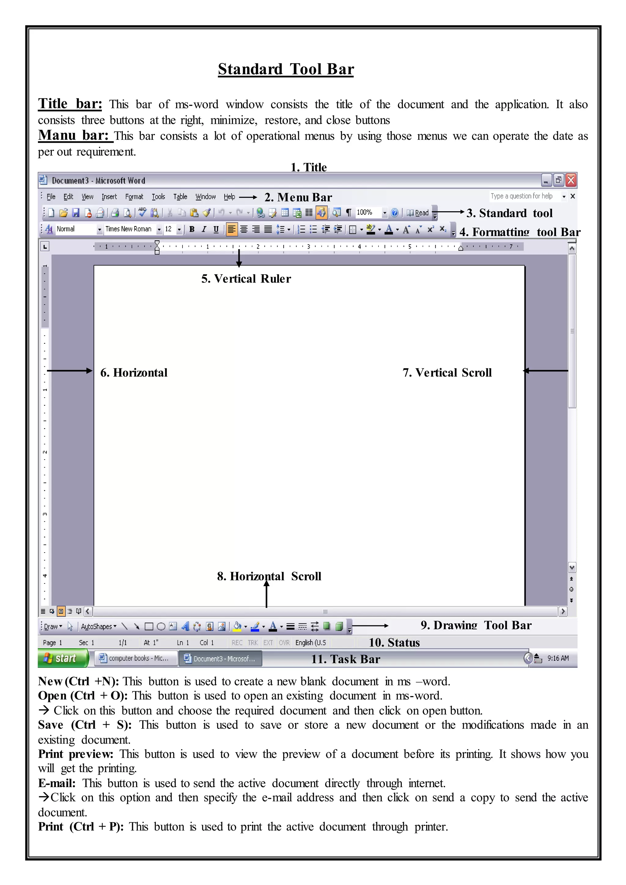 Standard Tool Bar
Title bar: This bar of ms-word window consists the title of the document and the application. It also
consists three buttons at the right, minimize, restore, and close buttons
Manu bar: This bar consists a lot of operational menus by using those menus we can operate the date as
per out requirement.
New (Ctrl +N): This button is used to create a new blank document in ms –word.
Open (Ctrl + O): This button is used to open an existing document in ms-word.
 Click on this button and choose the required document and then click on open button.
Save (Ctrl + S): This button is used to save or store a new document or the modifications made in an
existing document.
Print preview: This button is used to view the preview of a document before its printing. It shows how you
will get the printing.
E-mail: This button is used to send the active document directly through internet.
Click on this option and then specify the e-mail address and then click on send a copy to send the active
document.
Print (Ctrl + P): This button is used to print the active document through printer.
1. Title
Bar
3. Standard tool
Bar
6. Horizontal
Ruler
5. Vertical Ruler
7. Vertical Scroll
Bar
8. Horizontal Scroll
Bar
10. Status
Bar11. Task Bar
9. Drawing Tool Bar
4. Formatting tool Bar
2. Menu Bar
 