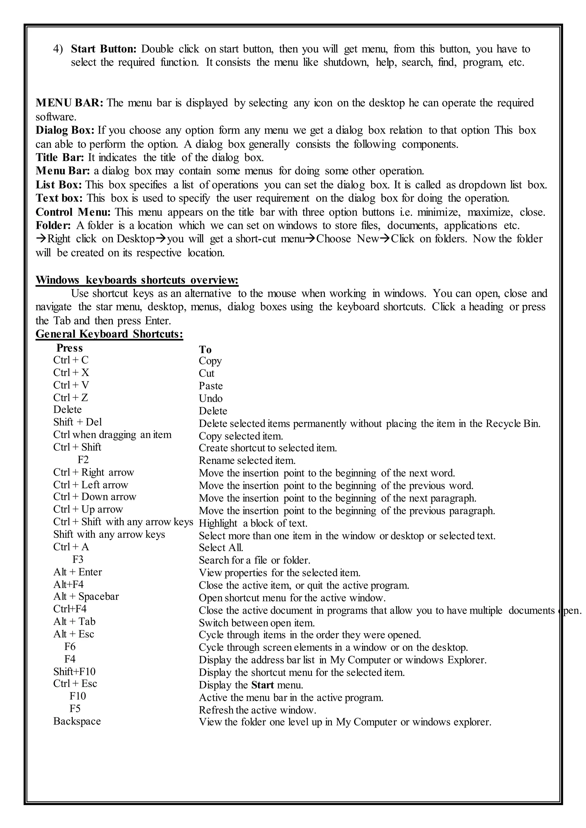 4) Start Button: Double click on start button, then you will get menu, from this button, you have to
select the required function. It consists the menu like shutdown, help, search, find, program, etc.
MENU BAR: The menu bar is displayed by selecting any icon on the desktop he can operate the required
software.
Dialog Box: If you choose any option form any menu we get a dialog box relation to that option This box
can able to perform the option. A dialog box generally consists the following components.
Title Bar: It indicates the title of the dialog box.
Menu Bar: a dialog box may contain some menus for doing some other operation.
List Box: This box specifies a list of operations you can set the dialog box. It is called as dropdown list box.
Text box: This box is used to specify the user requirement on the dialog box for doing the operation.
Control Menu: This menu appears on the title bar with three option buttons i.e. minimize, maximize, close.
Folder: A folder is a location which we can set on windows to store files, documents, applications etc.
Right click on Desktopyou will get a short-cut menuChoose NewClick on folders. Now the folder
will be created on its respective location.
Windows keyboards shortcuts overview:
Use shortcut keys as an alternative to the mouse when working in windows. You can open, close and
navigate the star menu, desktop, menus, dialog boxes using the keyboard shortcuts. Click a heading or press
the Tab and then press Enter.
General Keyboard Shortcuts:
Press
Ctrl + C
Ctrl + X
Ctrl + V
Ctrl + Z
Delete
Shift + Del
Ctrl when dragging an item
Ctrl + Shift
F2
Ctrl + Right arrow
Ctrl + Left arrow
Ctrl + Down arrow
Ctrl + Up arrow
Ctrl + Shift with any arrow keys
Shift with any arrow keys
Ctrl + A
F3
Alt + Enter
Alt+F4
Alt + Spacebar
Ctrl+F4
Alt + Tab
Alt + Esc
F6
F4
Shift+F10
Ctrl + Esc
F10
F5
Backspace
To
Copy
Cut
Paste
Undo
Delete
Delete selected items permanently without placing the item in the Recycle Bin.
Copy selected item.
Create shortcut to selected item.
Rename selected item.
Move the insertion point to the beginning of the next word.
Move the insertion point to the beginning of the previous word.
Move the insertion point to the beginning of the next paragraph.
Move the insertion point to the beginning of the previous paragraph.
Highlight a block of text.
Select more than one item in the window or desktop or selected text.
Select All.
Search for a file or folder.
View properties for the selected item.
Close the active item, or quit the active program.
Open shortcut menu for the active window.
Close the active document in programs that allow you to have multiple documents open.
Switch between open item.
Cycle through items in the order they were opened.
Cycle through screen elements in a window or on the desktop.
Display the address bar list in My Computer or windows Explorer.
Display the shortcut menu for the selected item.
Display the Start menu.
Active the menu bar in the active program.
Refresh the active window.
View the folder one level up in My Computer or windows explorer.
 