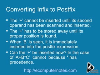 Converting Infix to Postfix The ‘+’ cannot be inserted until its second operand has been scanned and inserted. The ‘+’ has to be stored away until its proper position is found. When ‘B’ is seen, it is immediately inserted into the postfix expression. Can the ‘+’ be inserted now? In the case of ‘A+B*C’  cannot  because * has precedence. http://ecomputernotes.com 
