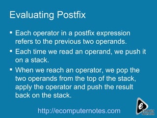 Evaluating Postfix  Each operator in a postfix expression refers to the previous two operands. Each time we read an operand, we push it on a stack. When we reach an operator, we pop the two operands from the top of the stack, apply the operator and push the result back on the stack.  http://ecomputernotes.com 