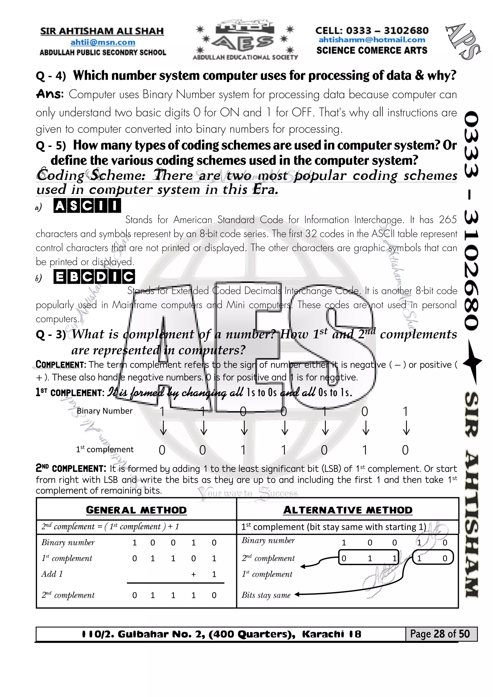 110/2. Gulbahar No. 2, (400 Quarters), Karachi 18 Page 28 of 50 
Your way to Success 
Q - 4) Which number system computer uses for processing of data & why? 
Ans: Computer uses Binary Number system for processing data because computer can only understand two basic digits 0 for ON and 1 for OFF. That's why all instructions are given to computer converted into binary numbers for processing. 
Q - 5) How many types of coding schemes are used in computer system? Or define the various coding schemes used in the computer system? 
Coding Scheme: There are two most popular coding schemes used in computer system in this Era. 
a) ASCII 
Stands for American Standard Code for Information Interchange. It has 265 characters and symbols represent by an 8-bit code series. The first 32 codes in the ASCII table represent control characters that are not printed or displayed. The other characters are graphic symbols that can be printed or displayed. 
b) EBCDIC 
Stands for Extended Coded Decimals Interchange Code. It is another 8-bit code popularly used in Mainframe computers and Mini computers. These codes are not used in personal computers. 
Q - 3) What is complement of a number? How 1st and 2nd complements are represented in computers? Complement: The term complement refers to the sign of number either it is negative ( − ) or positive ( + ). These also handle negative numbers. 0 is for positive and 1 is for negative. 
1st complement: It is formed by changing all 1s to 0s and all 0s to 1s. 
Binary Number 
1 
1 
0 
0 
1 
0 
1 
1st complement 
0 
0 
1 
1 
0 
1 
0 
2nd complement: It is formed by adding 1 to the least significant bit (LSB) of 1st complement. Or start from right with LSB and write the bits as they are up to and including the first 1 and then take 1st complement of remaining bits. 
General method 
Alternative method 
2nd complement = ( 1st complement ) + 1 
1st complement (bit stay same with starting 1) 
Binary number 
1 
0 
0 
1 
0 
Binary number 
1 
0 
0 
1 
0 
1st complement 
0 
1 
1 
0 
1 
2nd complement 
0 
1 
1 
1 
0 
Add 1 
+ 
1 
1st complement 
2nd complement 
0 
1 
1 
1 
0 
Bits stay same 
 