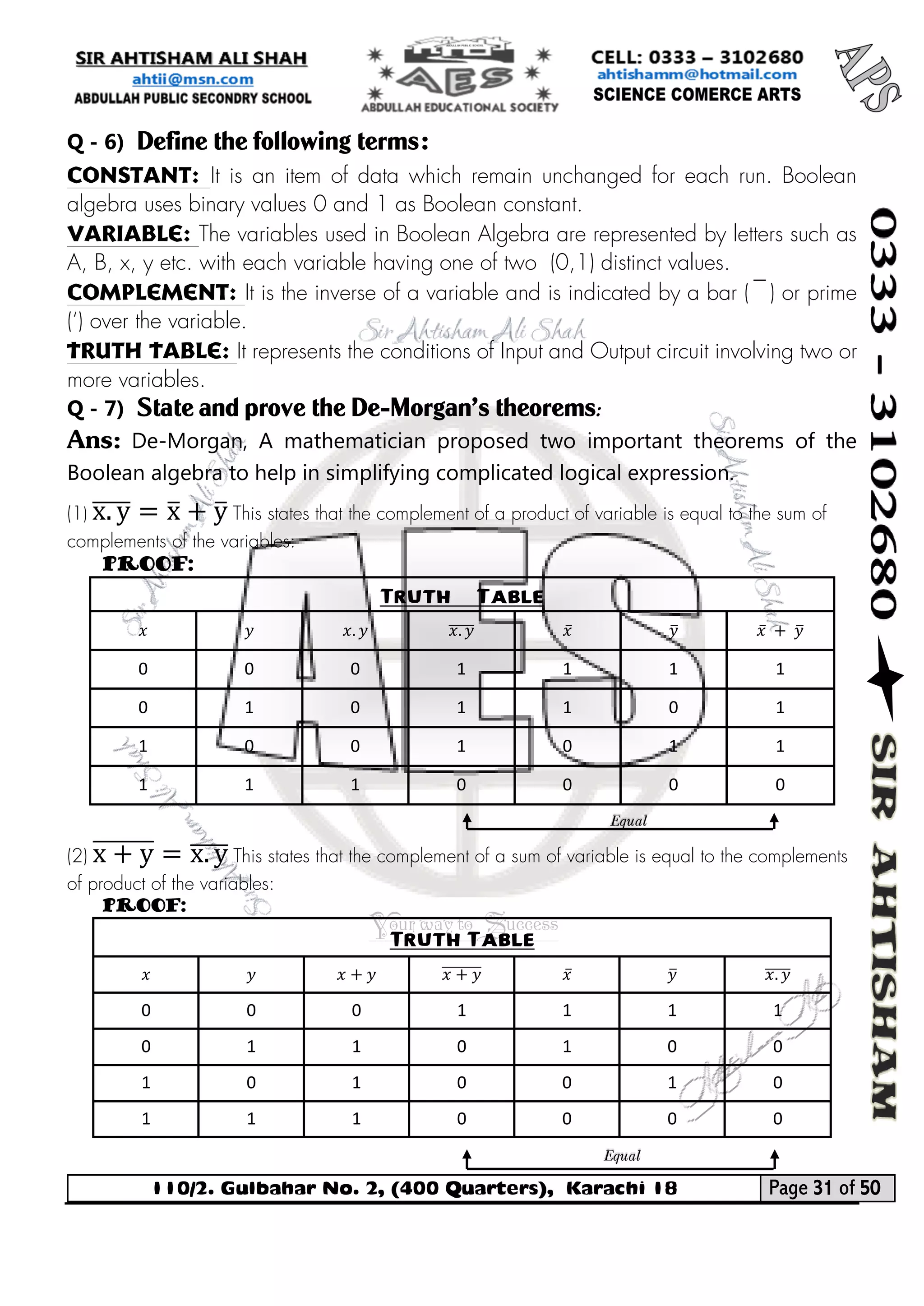 110/2. Gulbahar No. 2, (400 Quarters), Karachi 18 Page 31 of 50 
Your way to Success 
Q - 6) Define the following terms: 
Constant: It is an item of data which remain unchanged for each run. Boolean algebra uses binary values 0 and 1 as Boolean constant. 
Variable: The variables used in Boolean Algebra are represented by letters such as A, B, x, y etc. with each variable having one of two (0,1) distinct values. 
Complement: It is the inverse of a variable and is indicated by a bar (̅) or prime (‘) over the variable. 
Truth Table: It represents the conditions of Input and Output circuit involving two or more variables. 
Q - 7) State and prove the De-Morgan's theorems: 
Ans: De-Morgan, A mathematician proposed two important theorems of the Boolean algebra to help in simplifying complicated logical expression. 
(1) x.y̅̅̅̅=x̅+y̅ This states that the complement of a product of variable is equal to the sum of complements of the variables: 
Proof: 
Truth Table 
푥 
푦 
푥.푦 
푥.푦̅̅̅̅̅ 
푥̅ 
푦̅ 
푥̅ + 푦̅ 
0 
0 
0 
1 
1 
1 
1 
0 
1 
0 
1 
1 
0 
1 
1 
0 
0 
1 
0 
1 
1 
1 
1 
1 
0 
0 
0 
0 
(2) x+y̅̅̅̅̅̅̅=x.y̅̅̅̅ This states that the complement of a sum of variable is equal to the complements of product of the variables: 
Proof: 
Truth Table 
푥 
푦 
푥+푦 
푥+푦̅̅̅̅̅̅̅ 
푥̅ 
푦̅ 
푥.푦̅̅̅̅̅ 
0 
0 
0 
1 
1 
1 
1 
0 
1 
1 
0 
1 
0 
0 
1 
0 
1 
0 
0 
1 
0 
1 
1 
1 
0 
0 
0 
0 
Equal Equal  