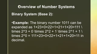 z
Binary System (Base 2):
•Example: The binary number 1011 can be
expanded as 1×23+0×22+1×21+1×20=111 
times 2^3 + 0 times 2^2 + 1 times 2^1 + 1 
times 2^0 = 111×23+0×22+1×21+1×20=11 in
decimal.
Overview of Number Systems
 