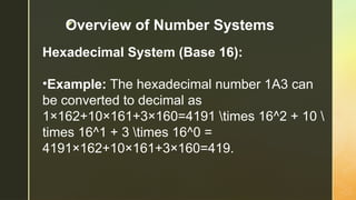 z
Hexadecimal System (Base 16):
•Example: The hexadecimal number 1A3 can
be converted to decimal as
1×162+10×161+3×160=4191 times 16^2 + 10 
times 16^1 + 3 times 16^0 =
4191×162+10×161+3×160=419.
Overview of Number Systems
 