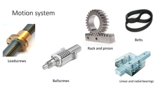 Motion system
Leadscrews
Ballscrews
Rack and pinion
Belts
Linear and radial bearings
 