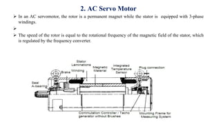 2. AC Servo Motor
 In an AC servomotor, the rotor is a permanent magnet while the stator is equipped with 3-phase
windings.

 The speed of the rotor is equal to the rotational frequency of the magnetic field of the stator, which
is regulated by the frequency converter.
 