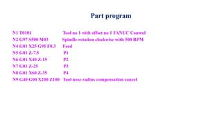 Part program
N1 T0101 Tool no 1 with offset no 1 FANUC Control
N2 G97 S500 M03 Spindle rotation clockwise with 500 RPM
N4 G01 X25 G95 F0.3 Feed
N5 G01 Z-7.5 P1
N6 G01 X40 Z-15 P2
N7 G01 Z-25 P3
N8 G01 X60 Z-35 P4
N9 G40 G00 X200 Z100 Tool nose radius compensation cancel
 
