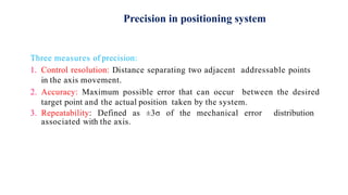 Three measures of precision:
1. Control resolution: Distance separating two adjacent addressable points
in the axis movement.
2. Accuracy: Maximum possible error that can occur between the desired
target point and the actual position taken by the system.
3. Repeatability: Defined as ±3σ of the mechanical error distribution
associated with the axis.
Precision in positioning system
 