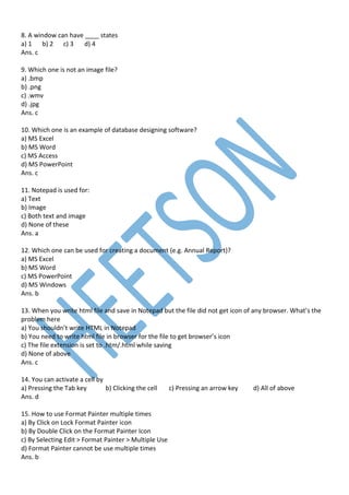 Computer Operation Question and Answer MCQ | PDF